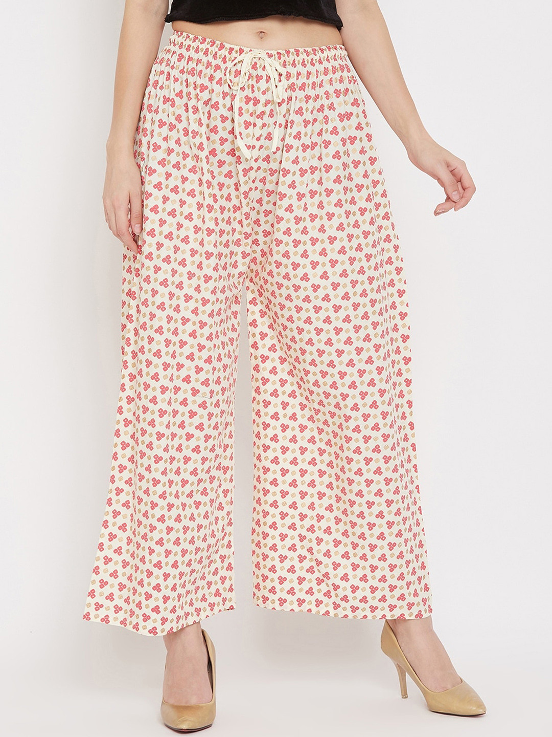 

Clora Creation Women Cream-Coloured & Pink Printed Straight Palazzos