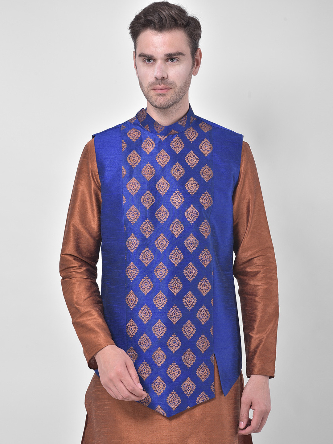 

DEYANN Men Blue & Copper-Coloured Printed Woven Nehru Jacket