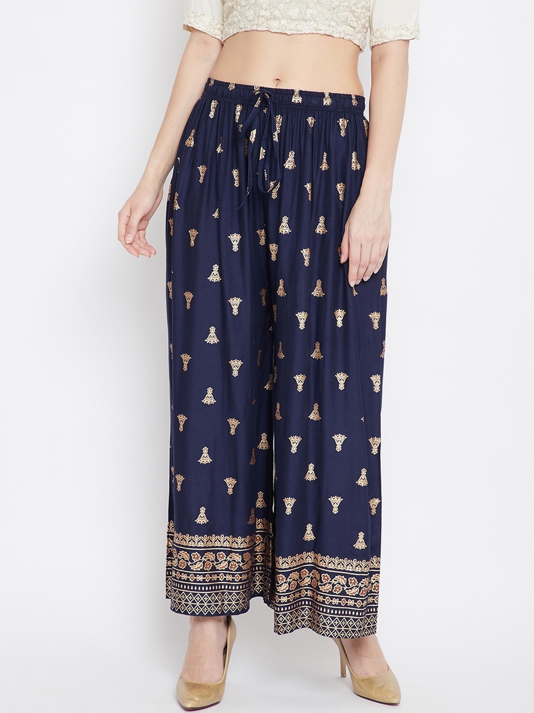 

Clora Creation Women Navy Blue & Gold-Toned Printed Wide Leg Palazzos