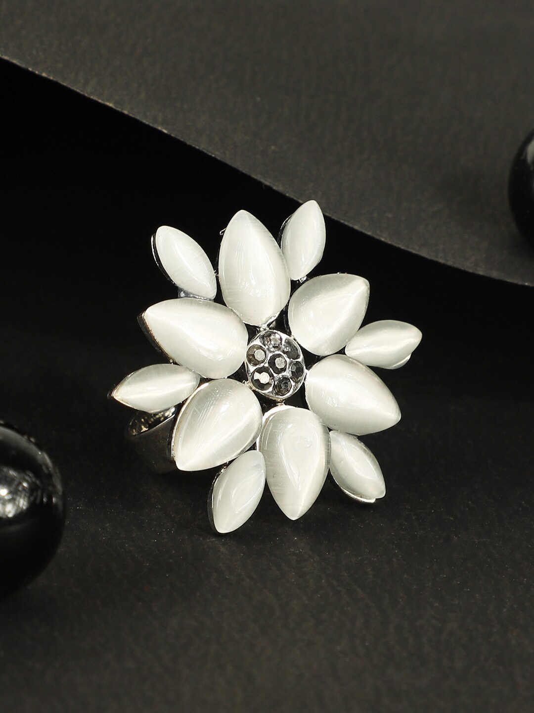 

ANIKAS CREATION Silver-Toned White Stone-Studded Handcrafted Adjustable Finger Ring