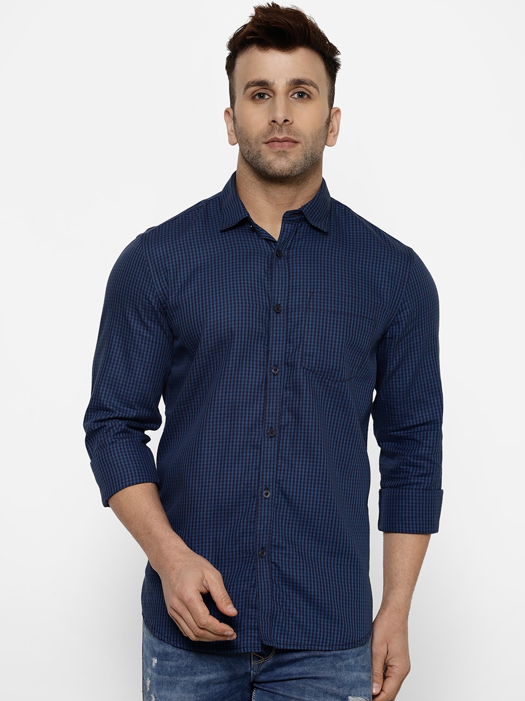 

cape canary Men Blue Regular Fit Checked Casual Shirt