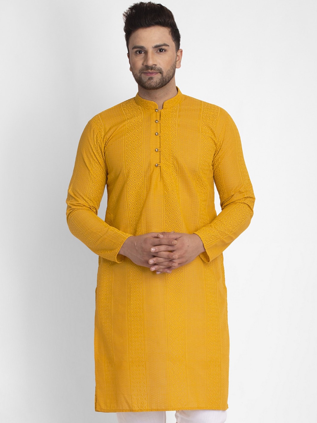

Jompers Men Mustard Yellow Woven Design Straight Kurta