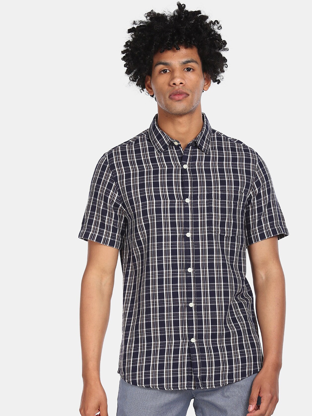 

Ruggers Men Navy Blue & White Regular Fit Checked Cotton Casual Shirt