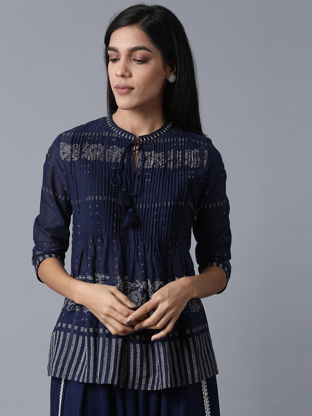 

W Navy Blue & White Printed Tie-up Neck Regular Top