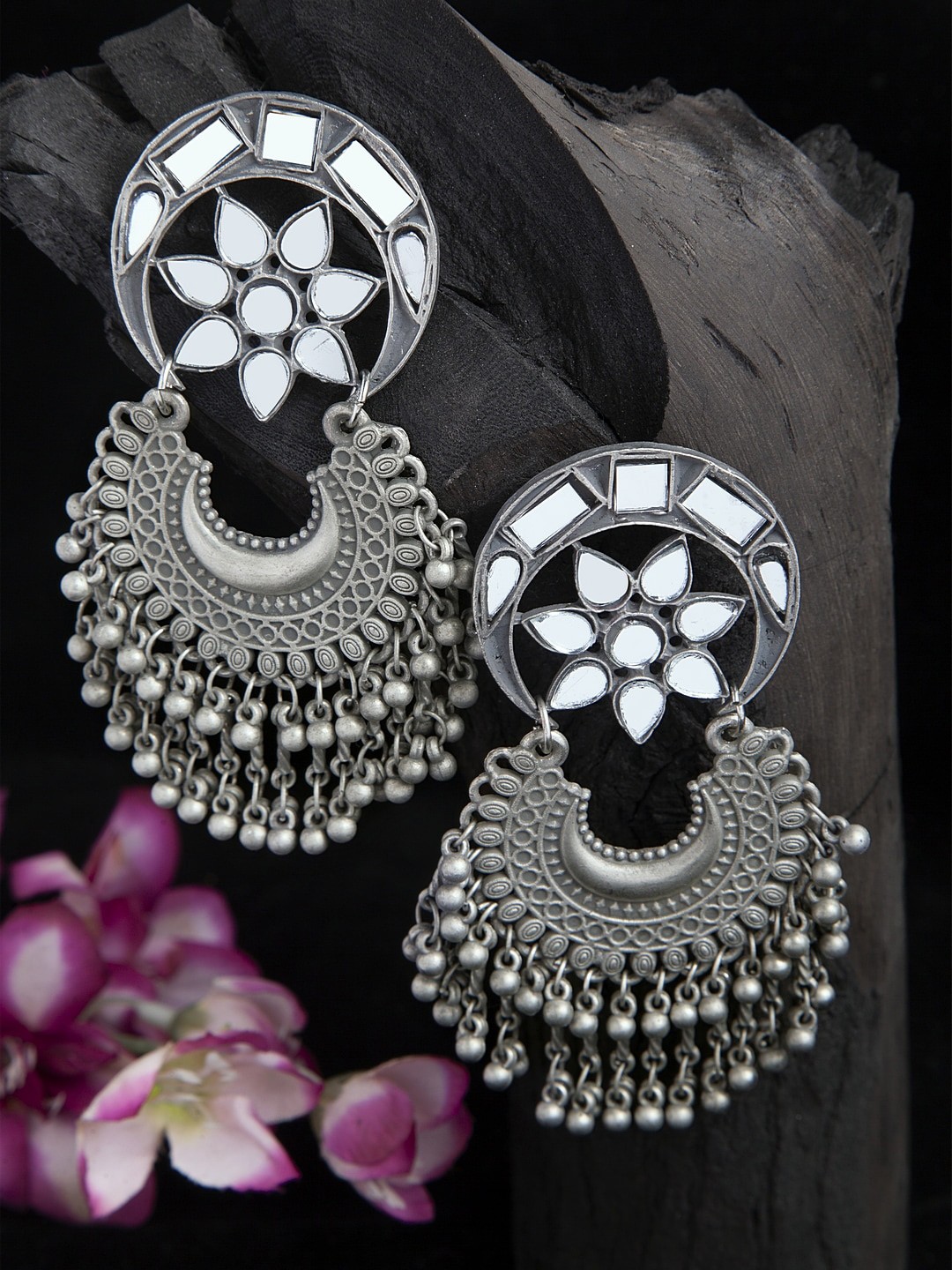 

Moedbuille Mirrors Studded Tribal Design Oxidised Silver Plated Handcrafted Chandbalis