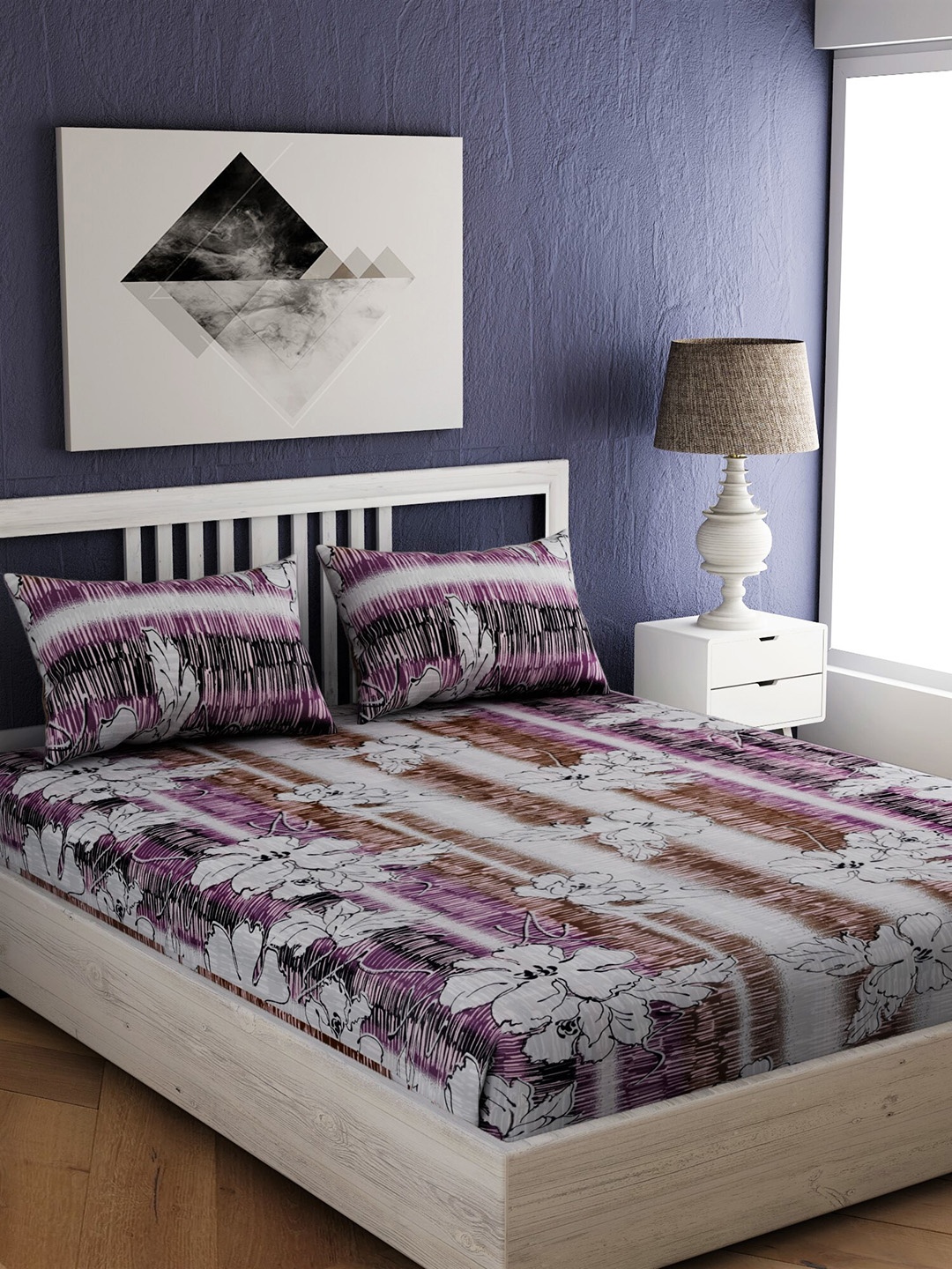 

EverHOME White & Purple Floral 144 TC Cotton 1 Queen Bedsheet with 2 Pillow Covers