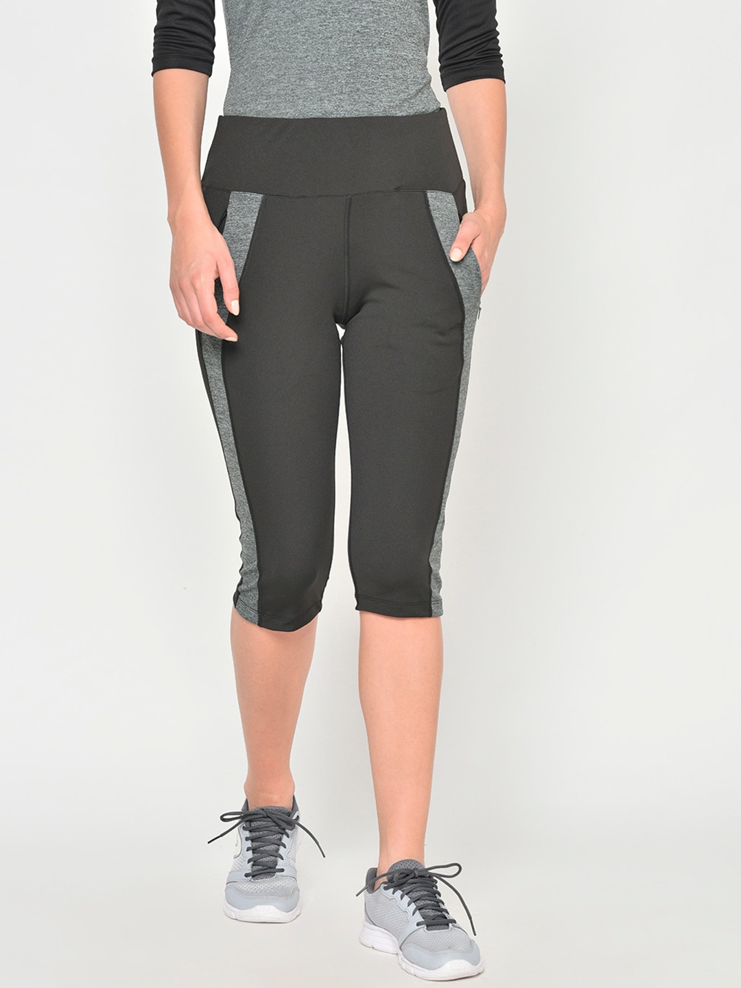 

Chkokko Women Black Grey Melange Solid Skinny Fit Gym Capris