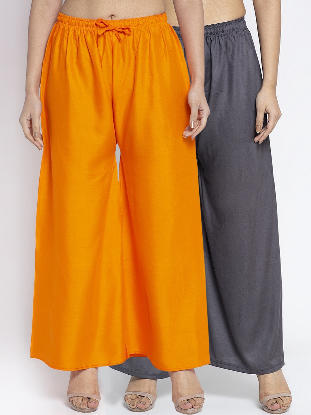 GRACIT Women Orange & Grey Melange Solid Wide Leg Palazzos