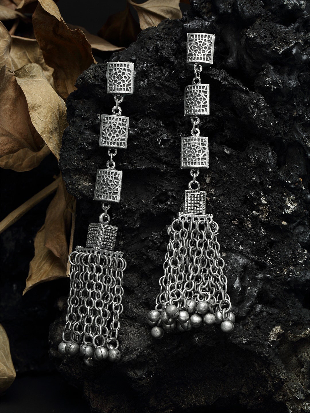 

Moedbuille Ghungroo Studded Layered Tasselled Design Oxidised Silver Plated Handcrafted Jhumkas