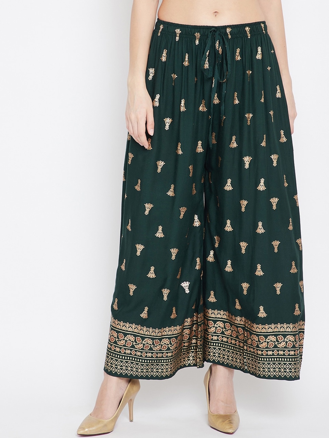 

Clora Creation Women Green & Gold-Toned Printed Flared Palazzos