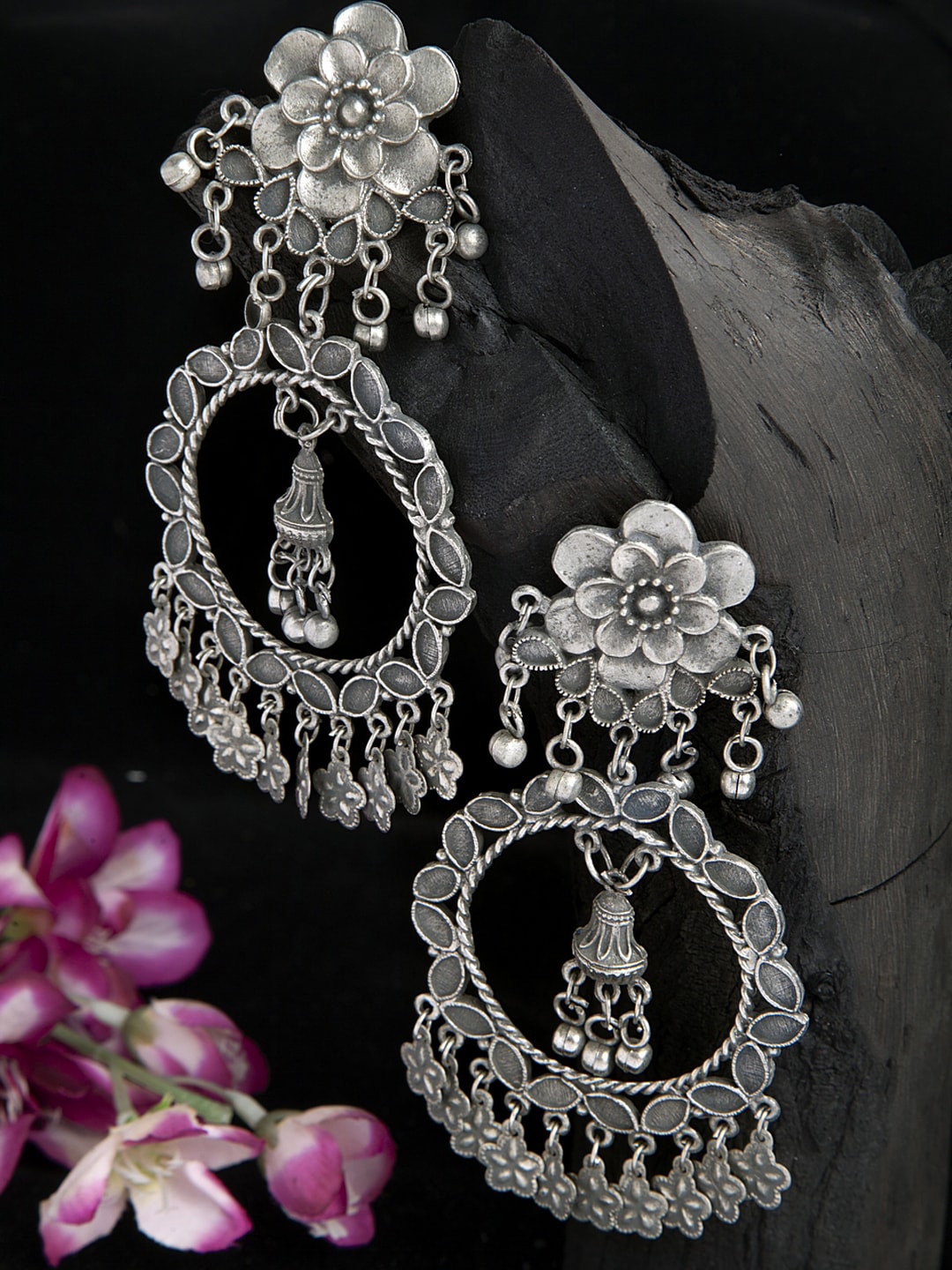 

Moedbuille Ghungroo Studded Tribal Floral Design Oxidised Silver Plated Handcrafted Chandbalis