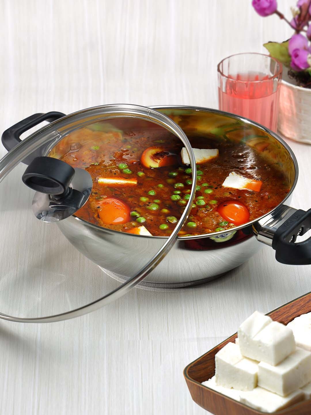 

Vinod Deluxe Silver-Toned Stainless Steel Induction Bottom Kadhai With Lid