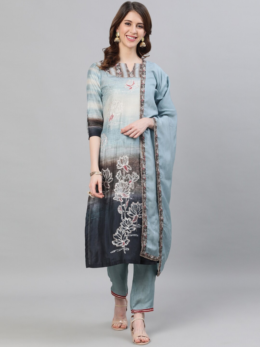 

Ishin Women Grey Printed Kurta with Trousers & Dupatta