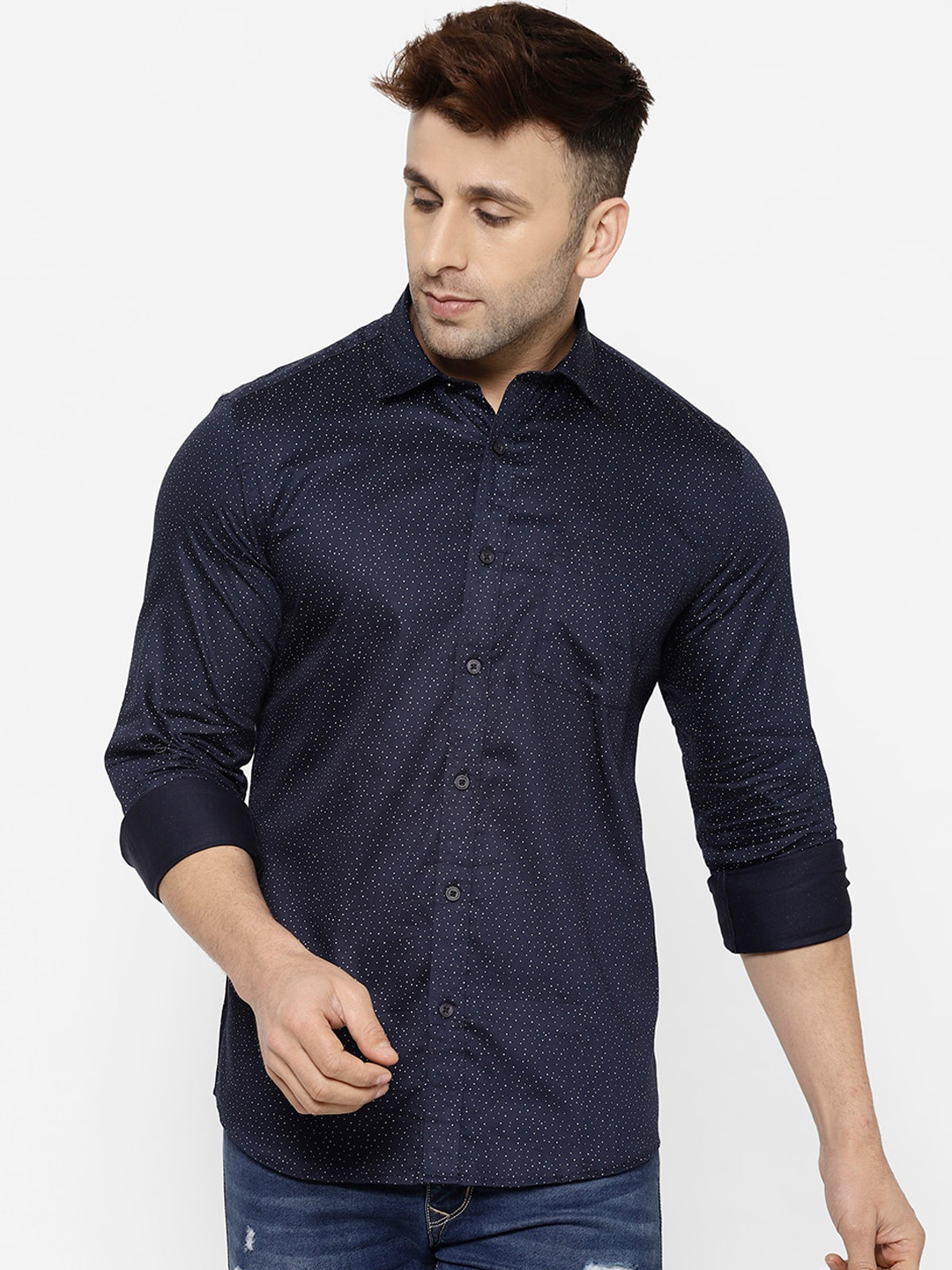 

cape canary Men Navy Blue Regular Fit Printed Cotton Casual Shirt