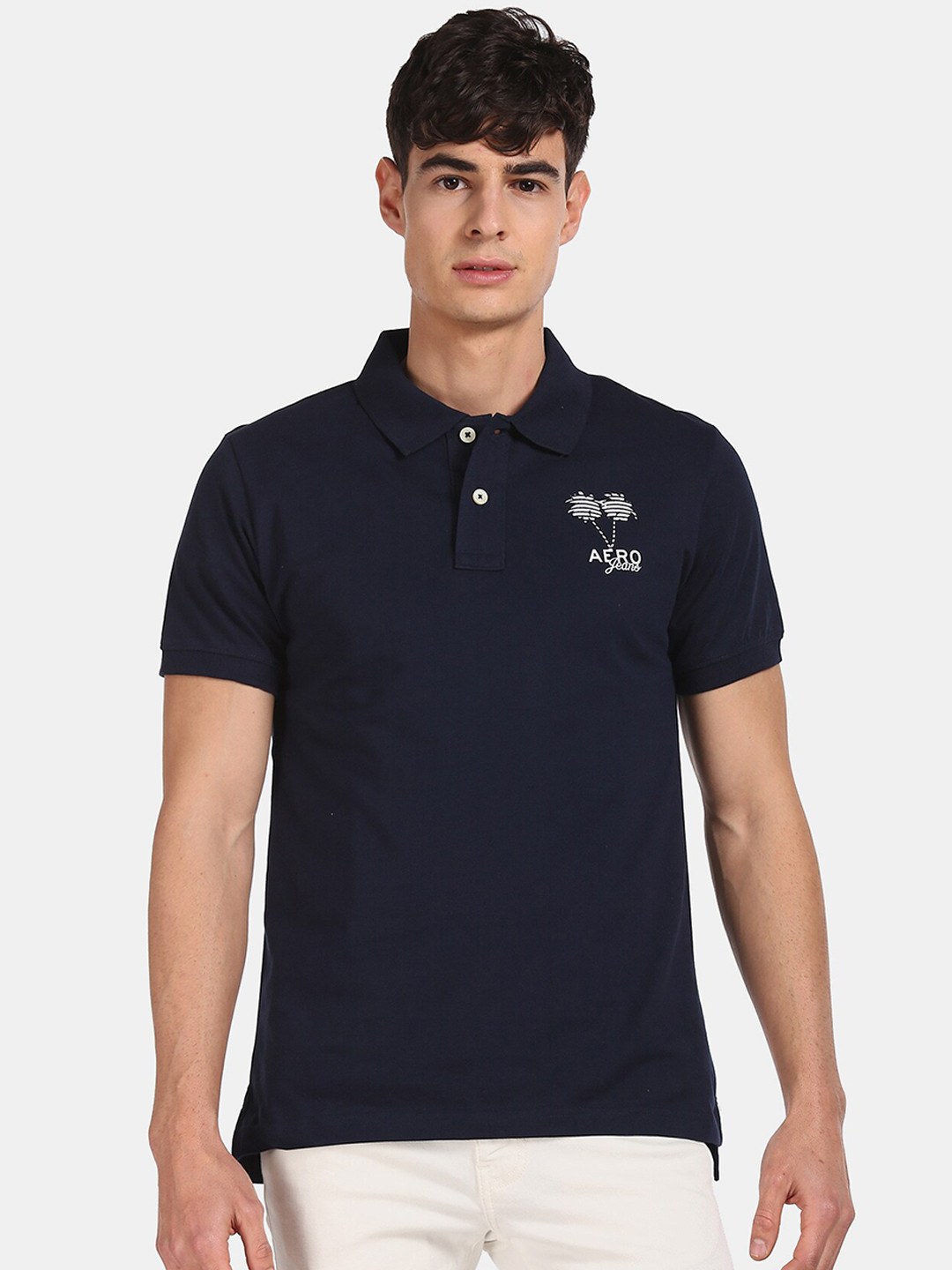 

Aeropostale Men Blue Solid Polo Collar Pure Cotton T-shirt