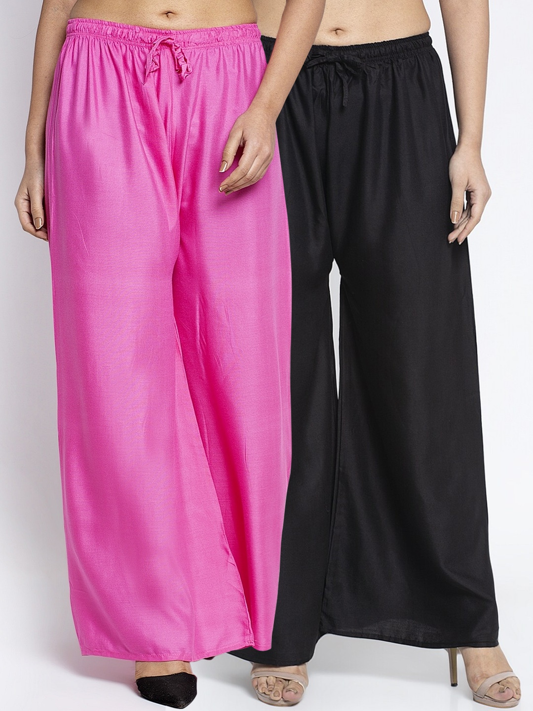 

GRACIT Women Black & Pink Solid Flared Palazzos