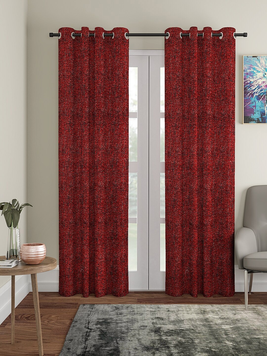 

KLOTTHE Red Set of 2 Woven Design Door Curtains