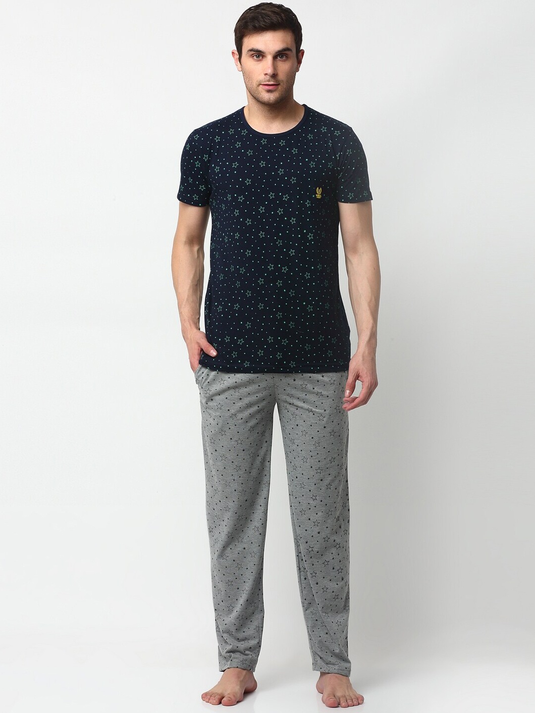 

VIMAL JONNEY Men Navy Blue & Grey Printed Night suit