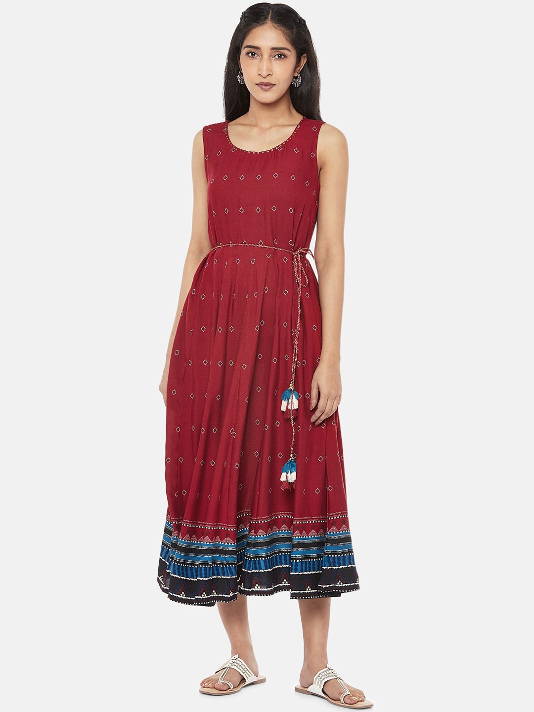 

AKKRITI BY PANTALOONS Women Red Printed Ethnic Fit and Flar Dress