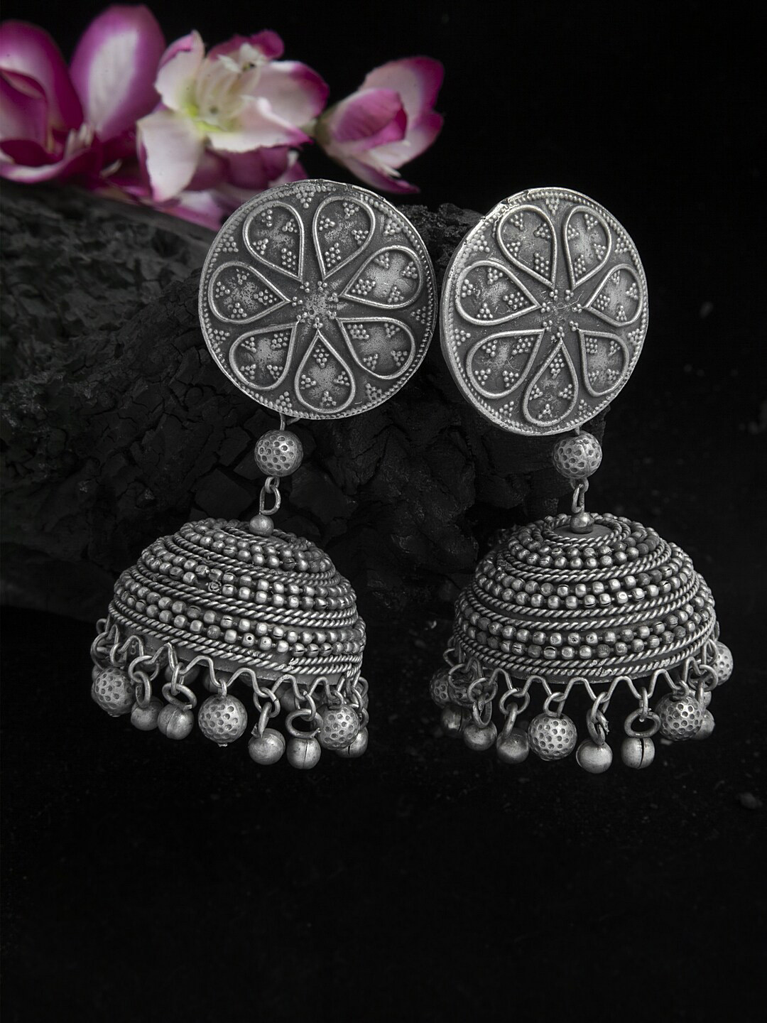 

Moedbuille Ghungroo Studded Temple Tribal Design Oxidised Silver Plated Handcrafted Jhumkas