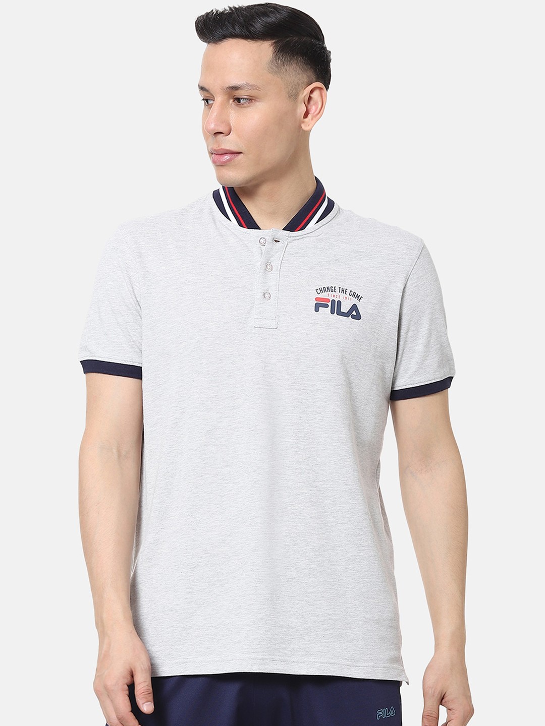 

FILA Men Grey Solid Mandarin Collar T-shirt