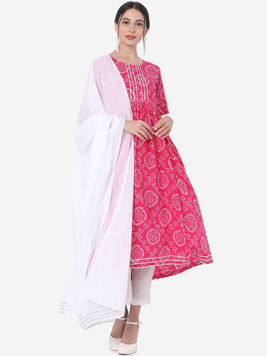 

Saanjh Women Pink & White Printed Kurta with Trousers & Dupatta