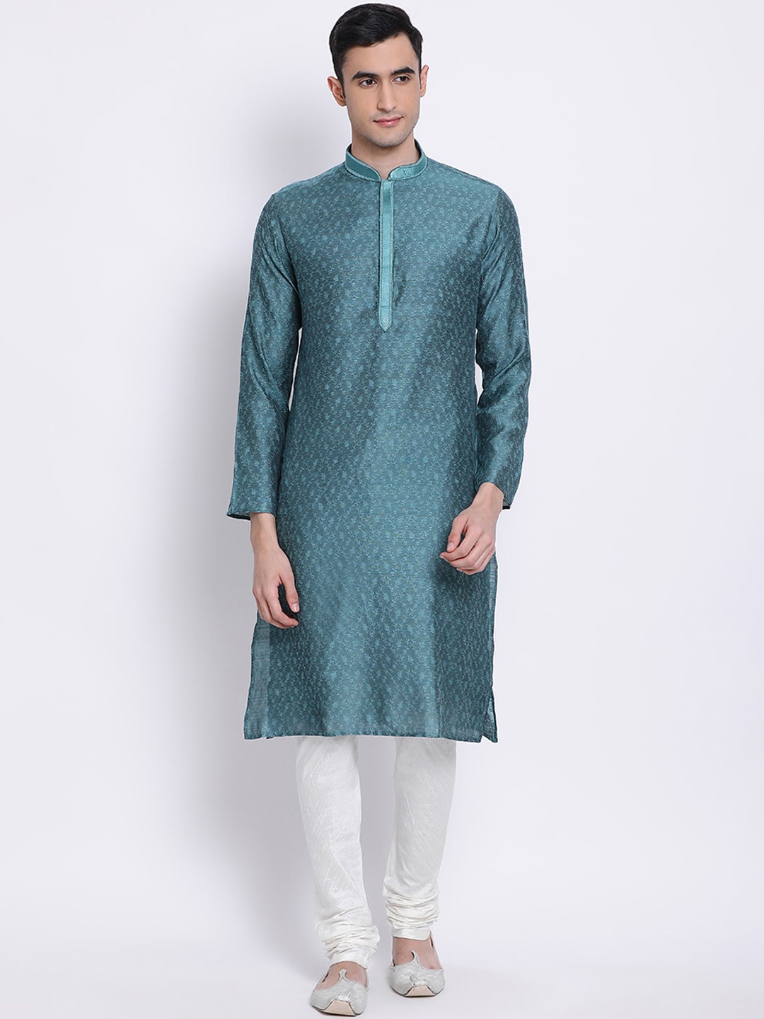 

Sanwara Men Teal Blue Woven Design Straight Kurta