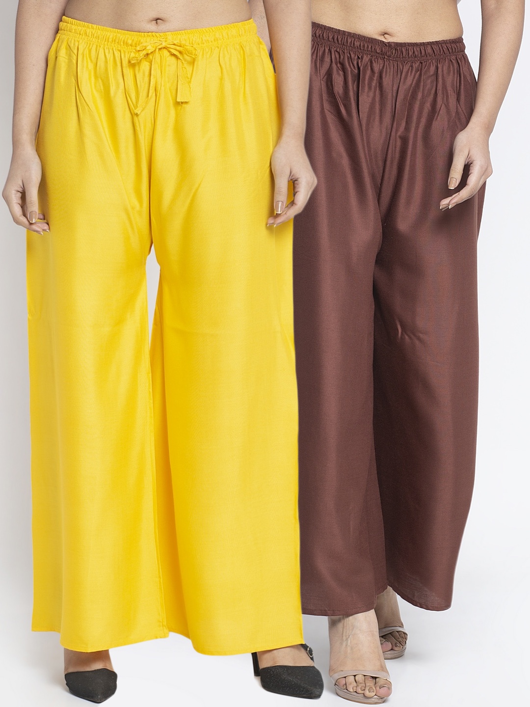 

GRACIT Women Yellow & Coffee Brown Solid Wide Leg Palazzos