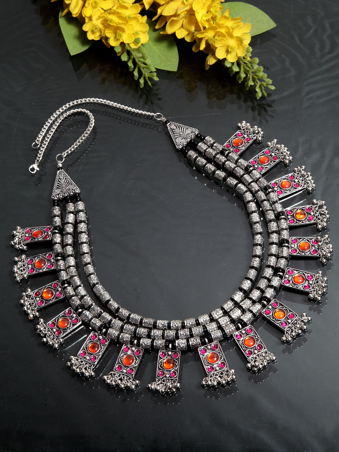 

Crunchy Fashion Women Silver-Toned & Orange Alloy Silver-Plated Oxidised Necklace
