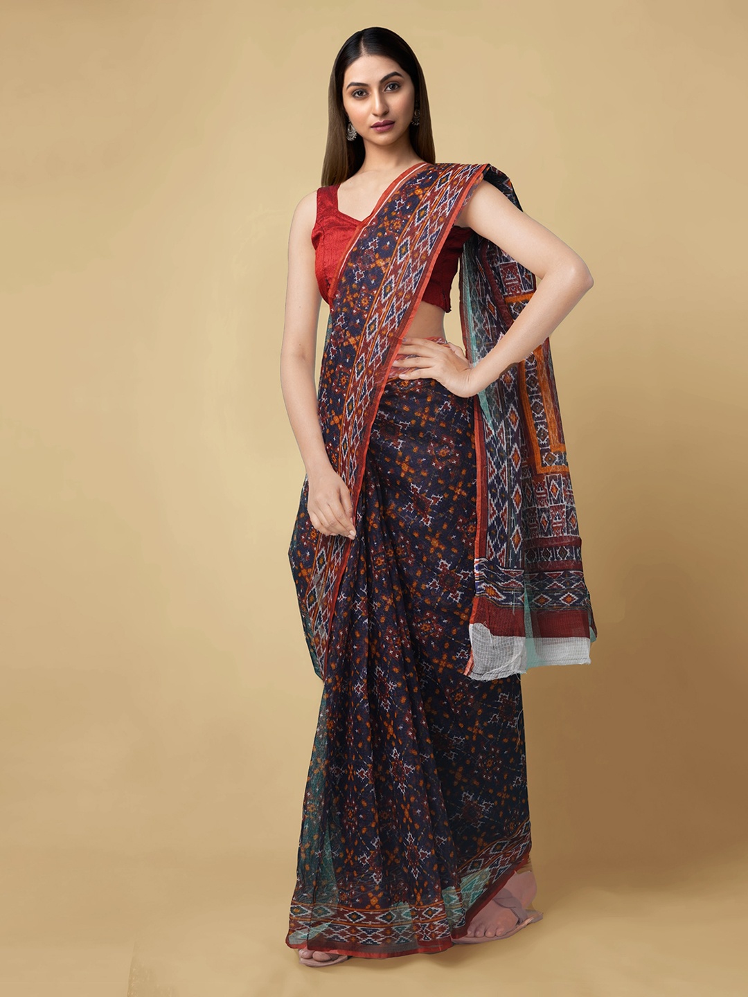 Unnati Silks Navy Blue Pure Cotton Printed Kota Sustainable Saree