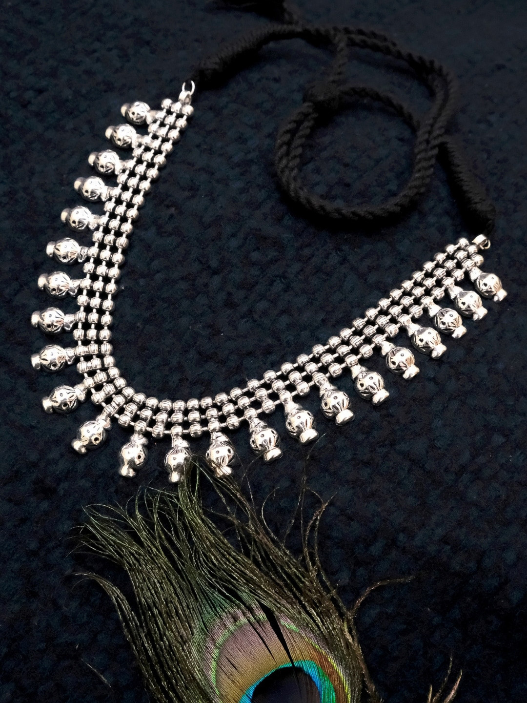 

Crunchy Fashion Silver-Toned Silver-Plated Oxidised Necklace