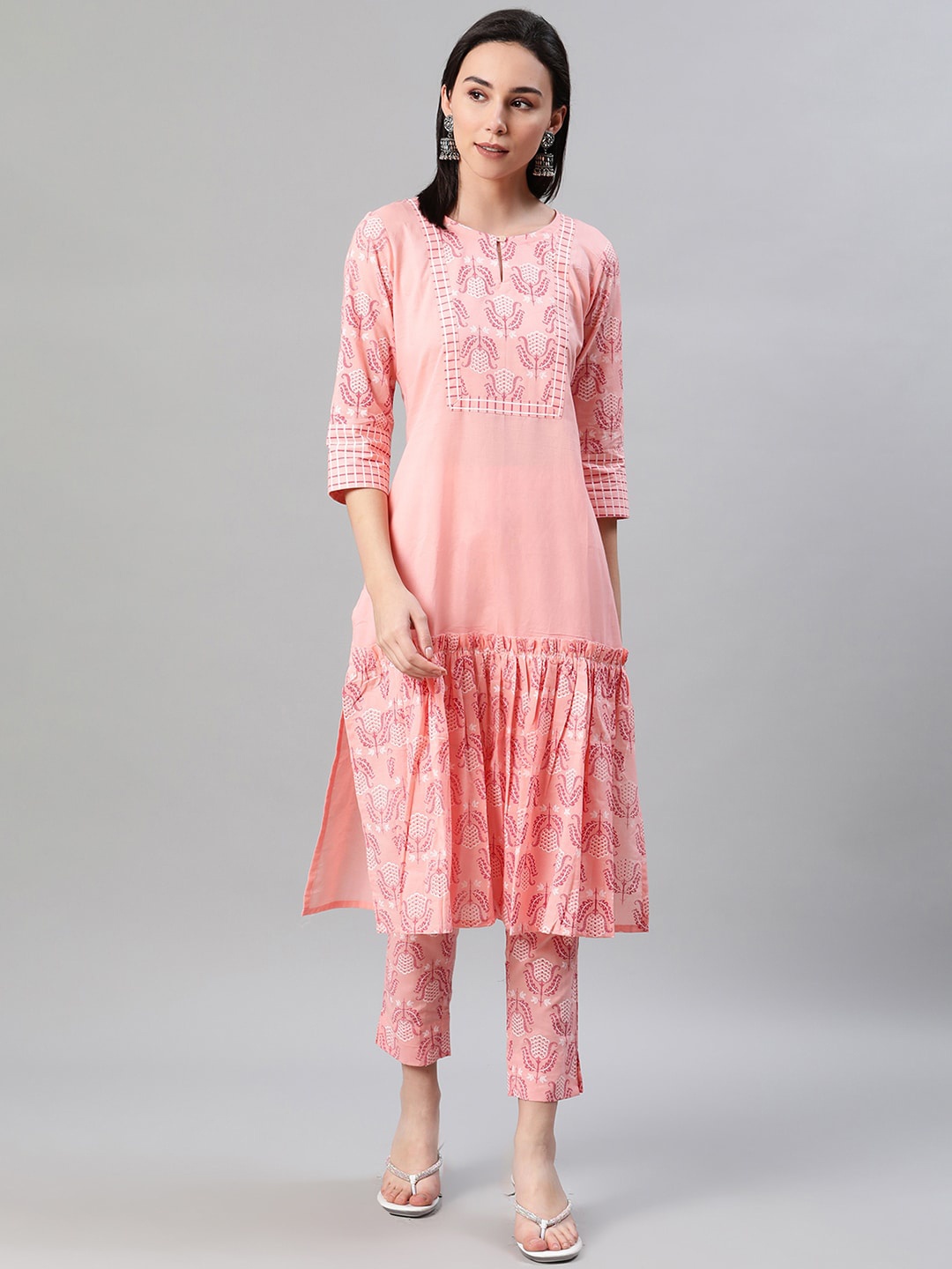 

ZIYAA Women Pink & Off-White Printed Kurta with Trousers