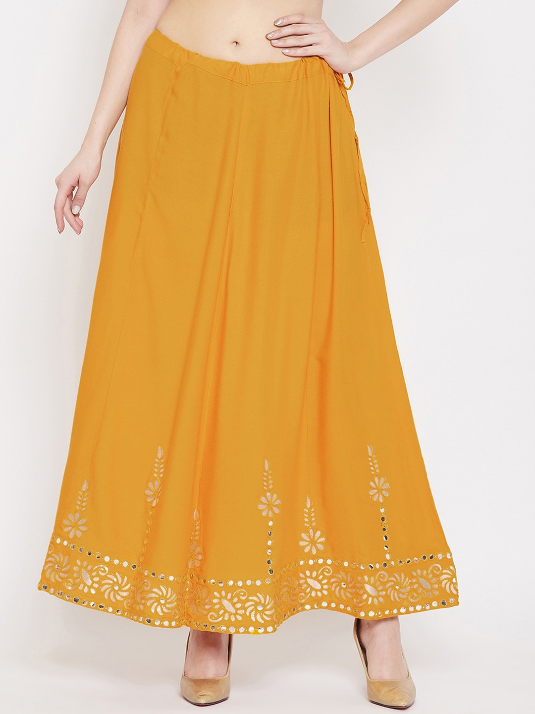 

Clora Creation Women Mustard Yellow & Gold-Colored Embellished Flared Maxi Skirt
