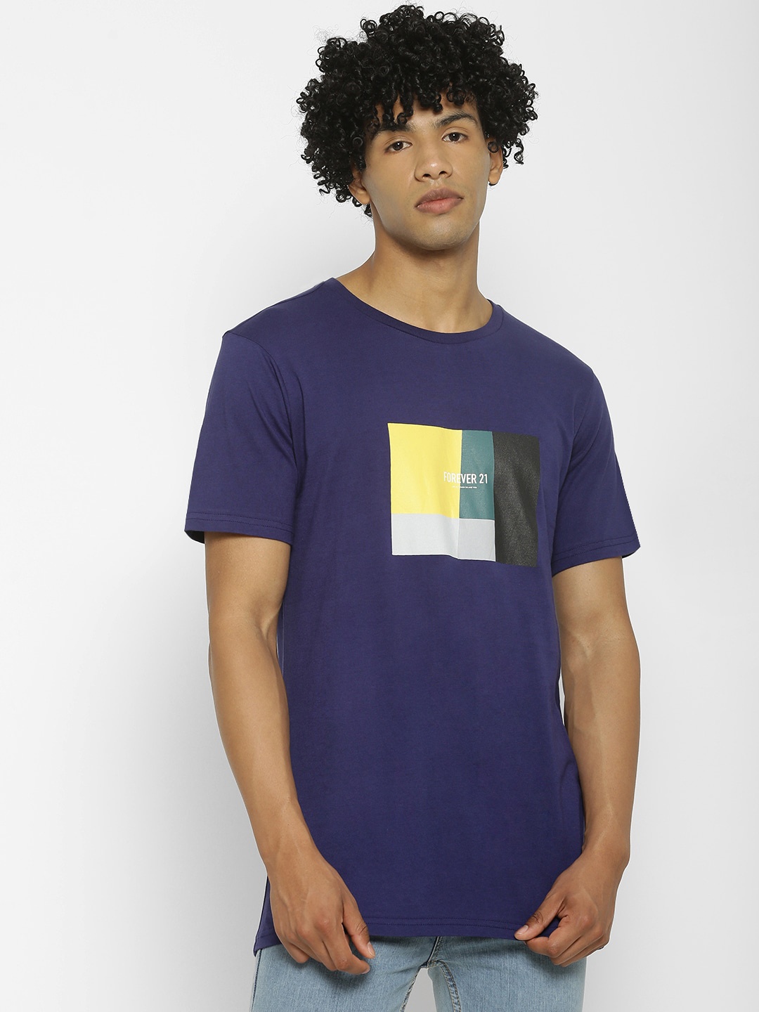 

FOREVER 21 Men Blue Printed Round Neck T-shirt
