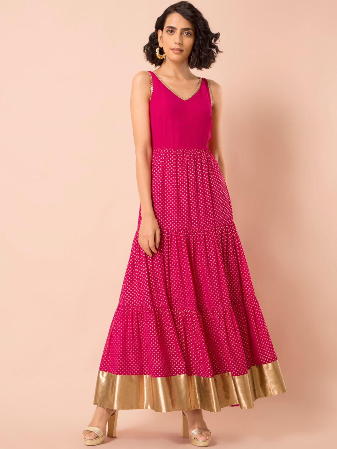 

INDYA Women Pink Printed Tiered Maxi Kurta