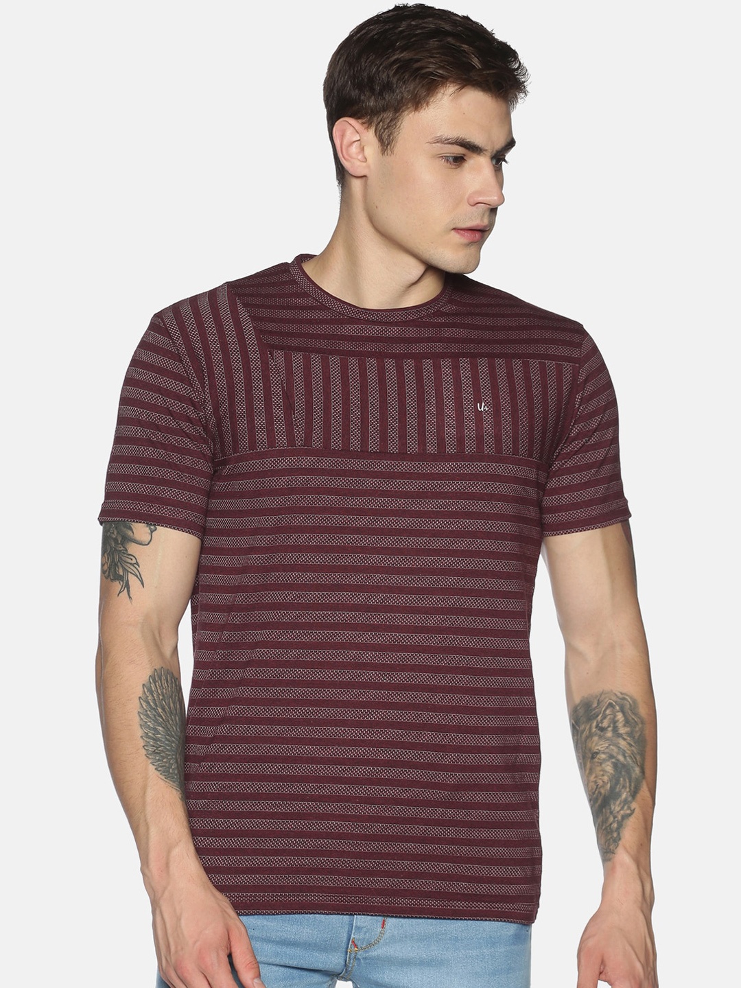 

UrGear Men Burgundy Striped Round Neck T-shirt