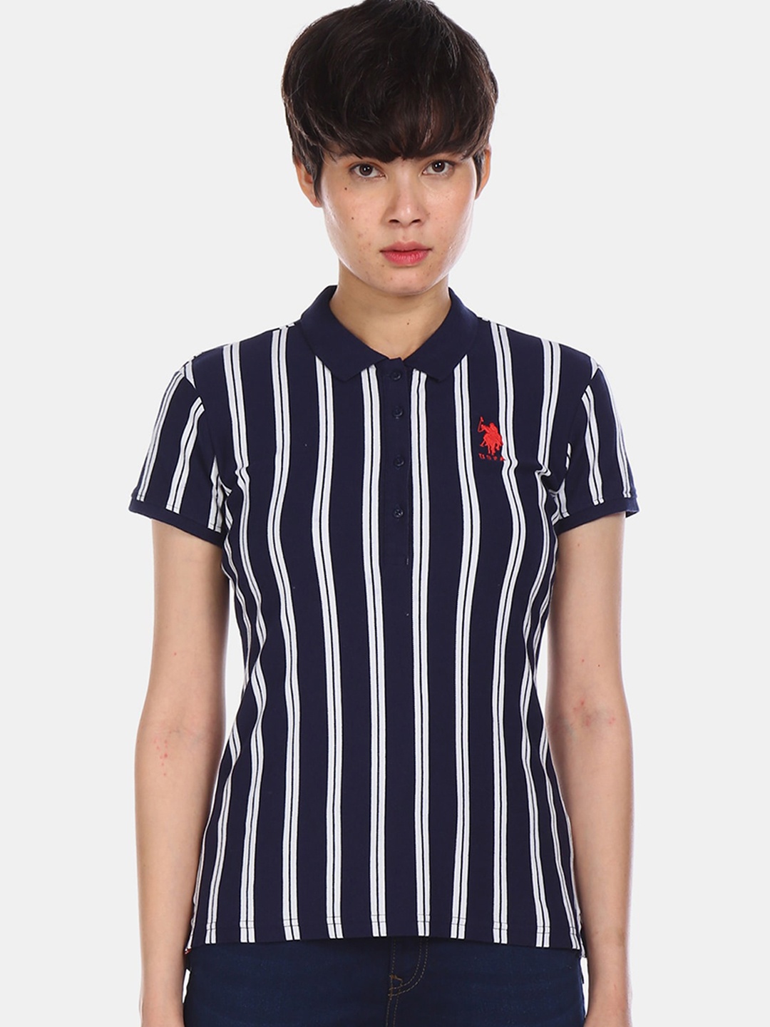 

U.S. Polo Assn. Women Blue Striped Round Neck T-shirt