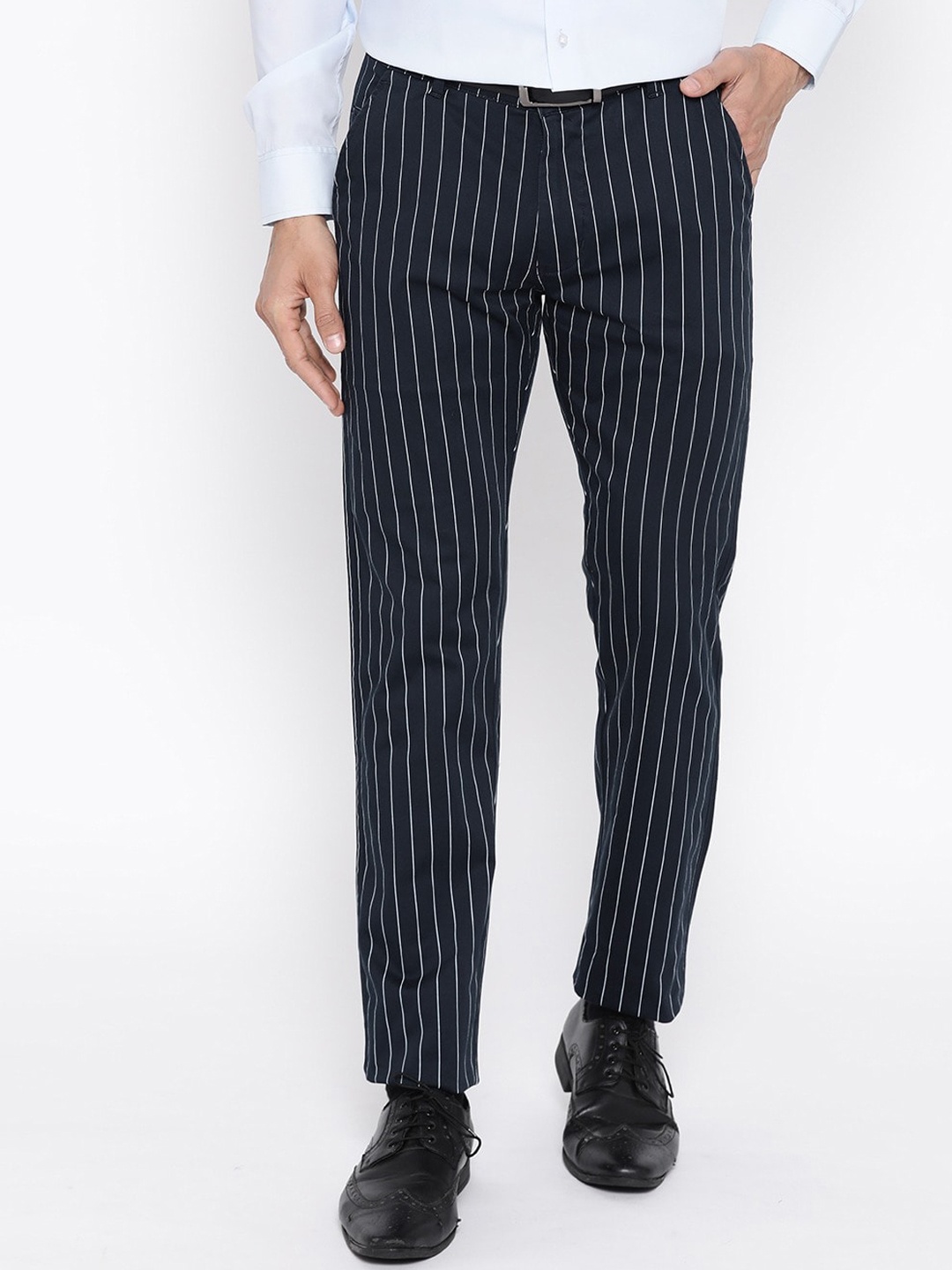 

Hancock Men Navy Blue Slim Fit Striped Formal Trousers