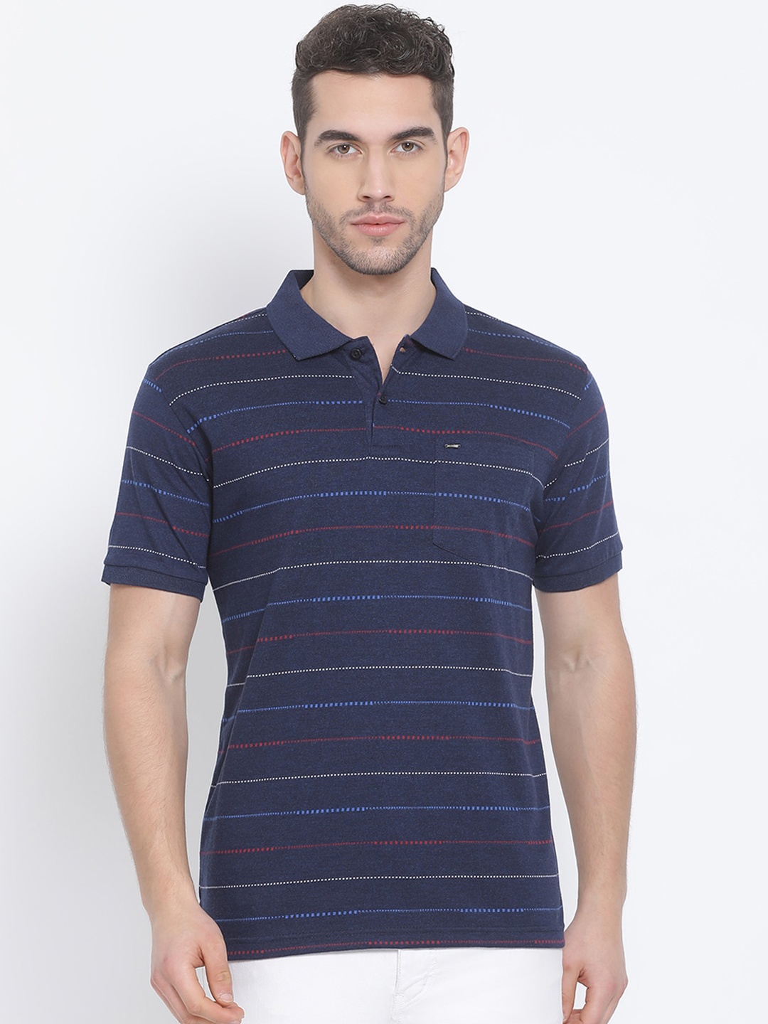 

Richlook Men Blue Striped Polo Collar T-shirt