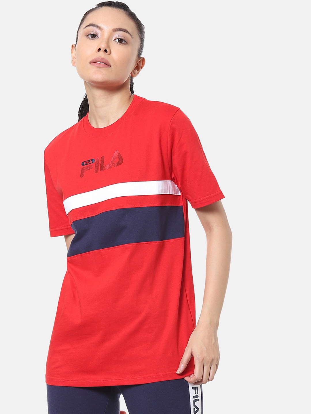 

FILA Women Red Striped Round Neck T-shirt