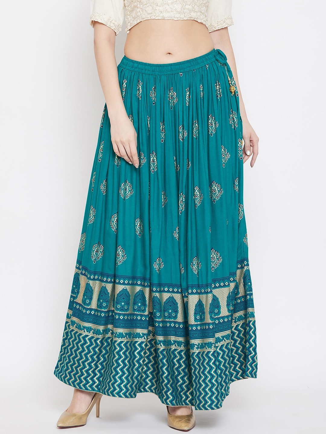 

Clora Creation Women Teal Blue & Gold-Coloured Printed Flared Maxi Skirt