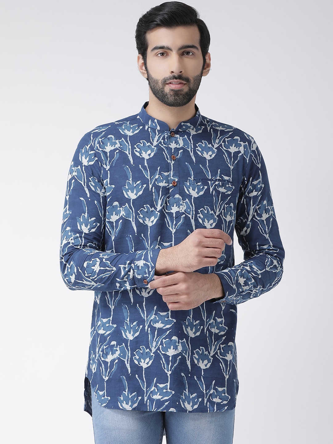 KISAH Men Floral Printed Short Kurta, Blue