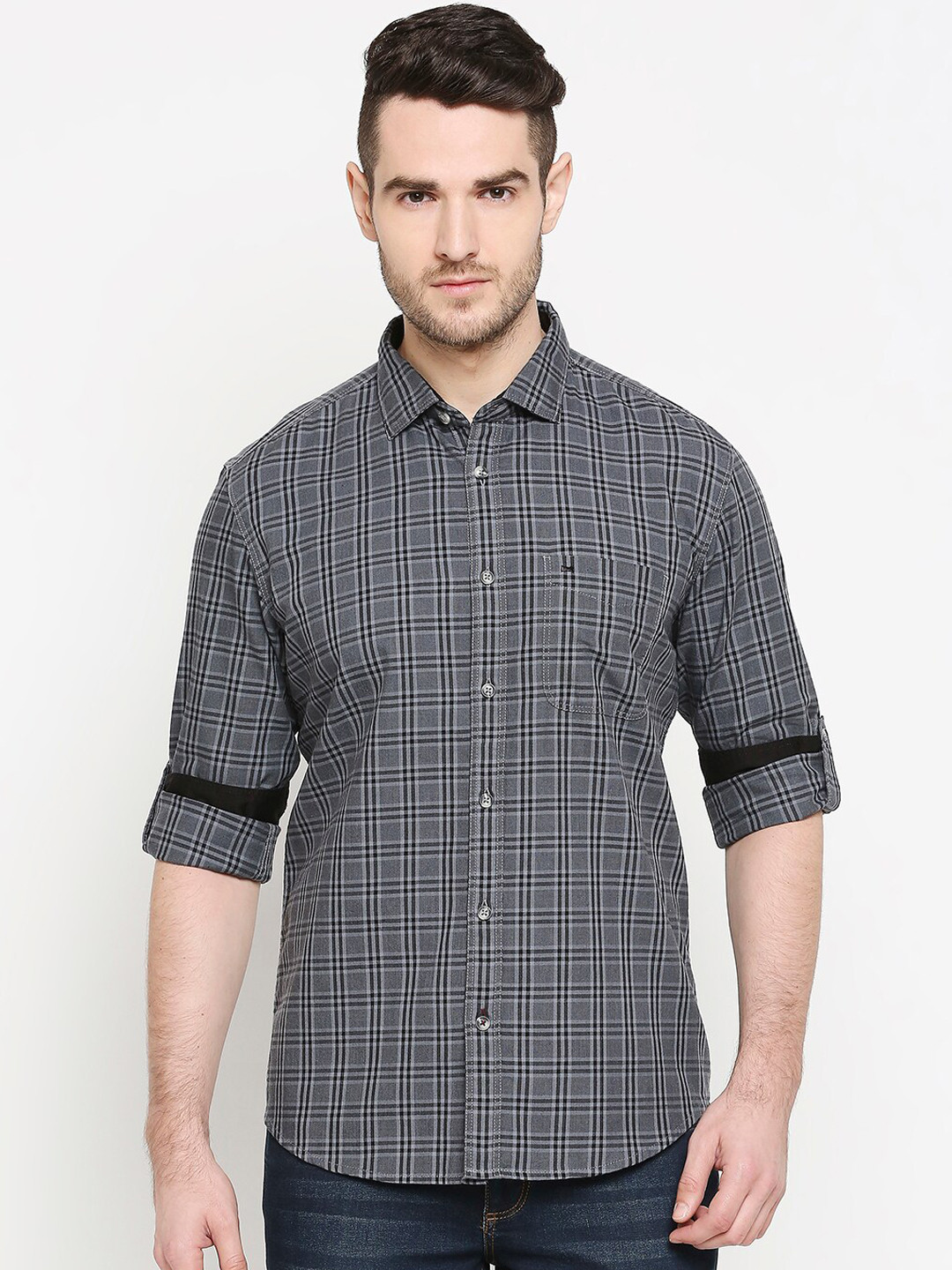

Basics Men Black Slim Fit Checked Casual Shirt