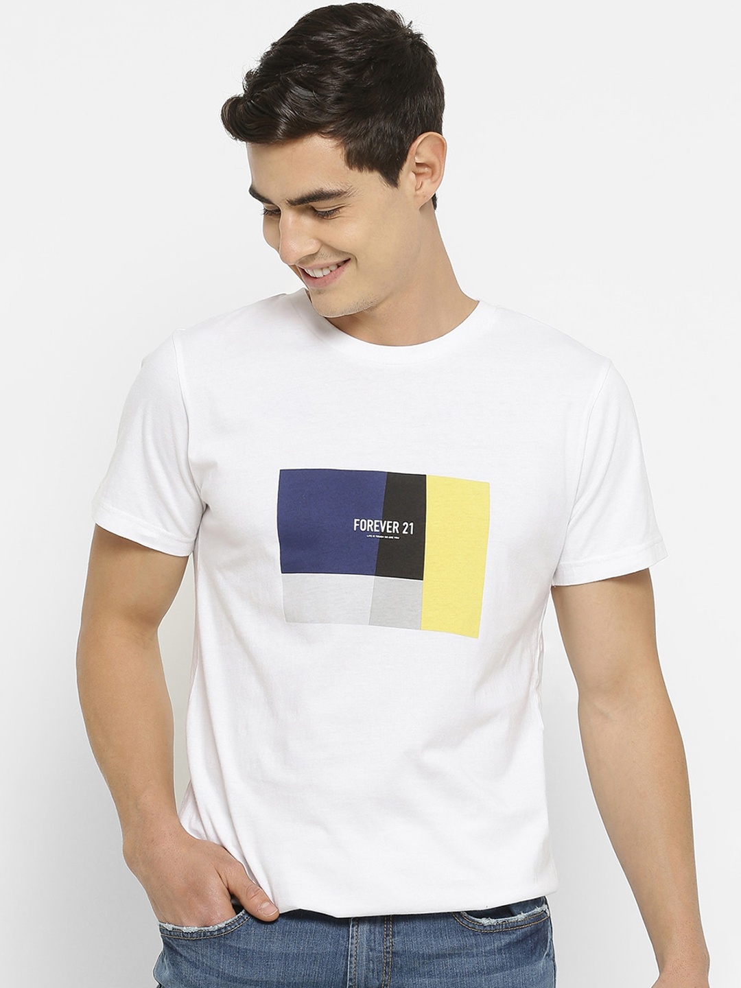 

FOREVER 21 Men White Printed Round Neck T-shirt