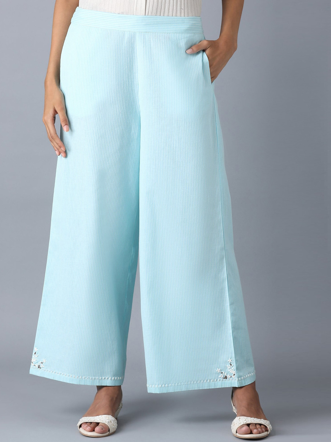 

W Women Blue & White Striped Flared Palazzos