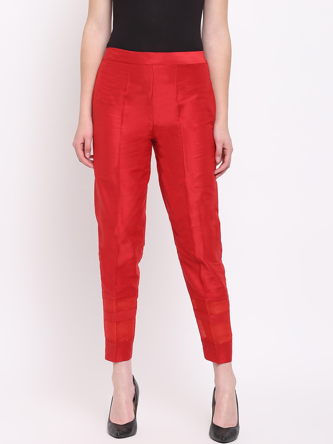 RIVI Women Red Slim Fit Solid Regular Trousers