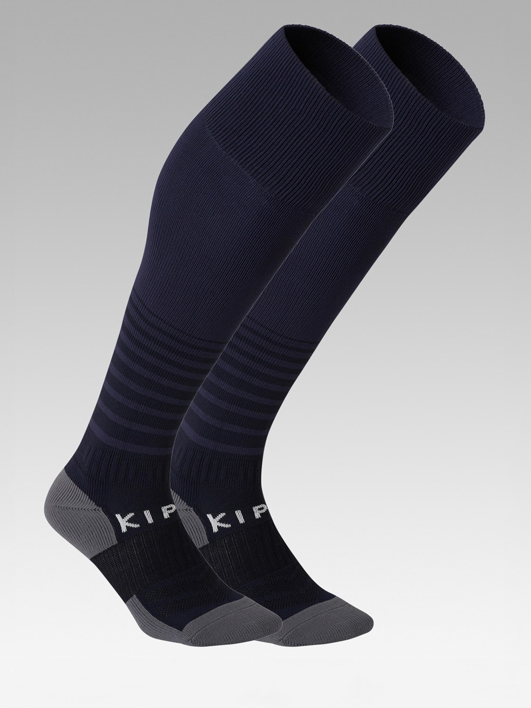 

Kipsta By Decathlon Kids Navy Blue & Grey Striped F500 Knee-Length Socks
