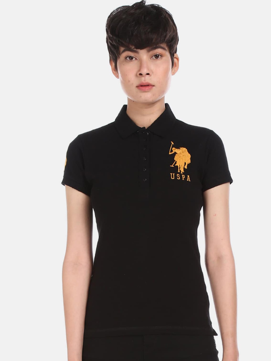 

U.S. Polo Assn. Women Black Solid Polo Collar T-shirt