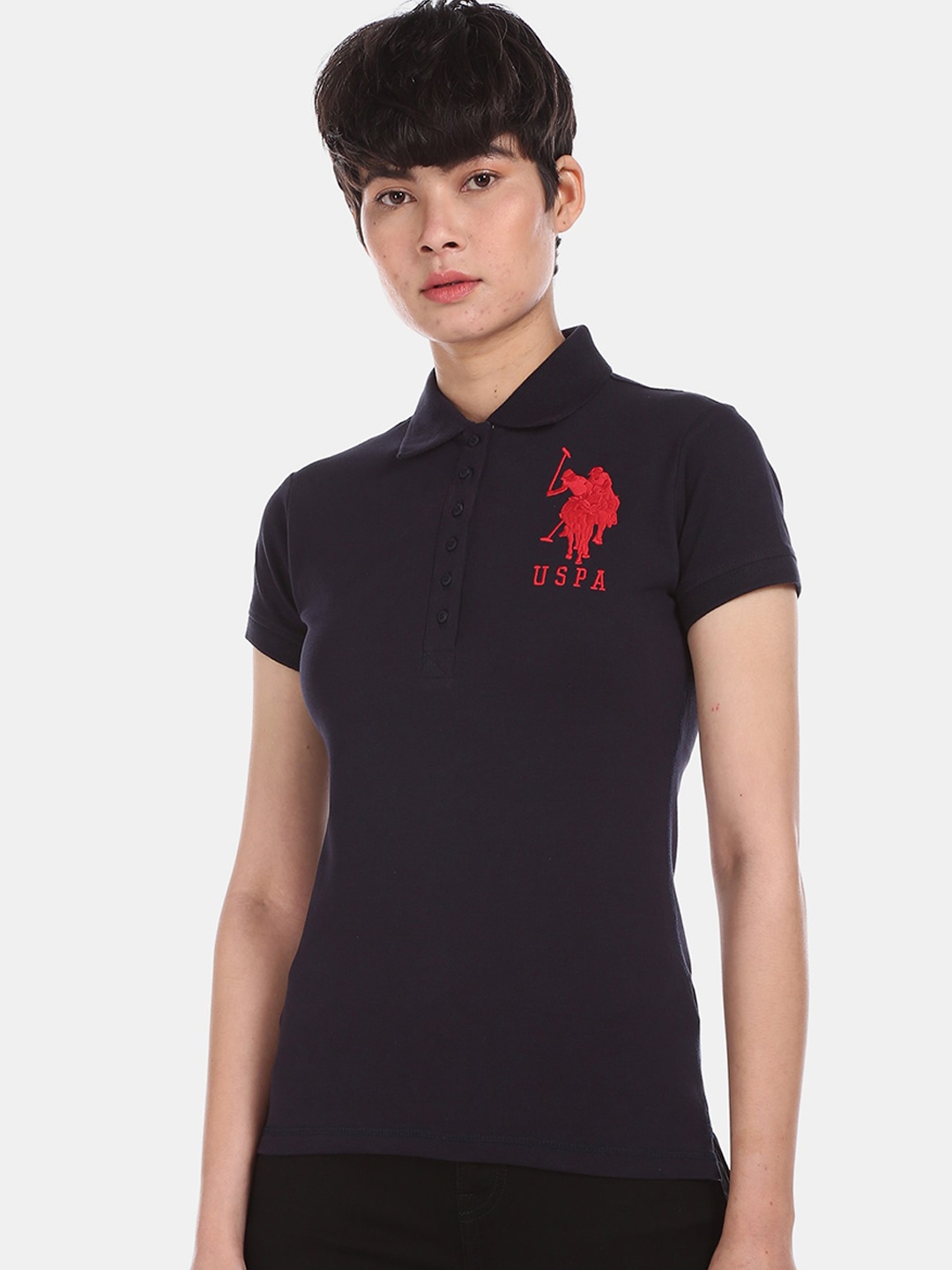 

U.S. Polo Assn. Women Blue Solid Polo Collar T-shirt