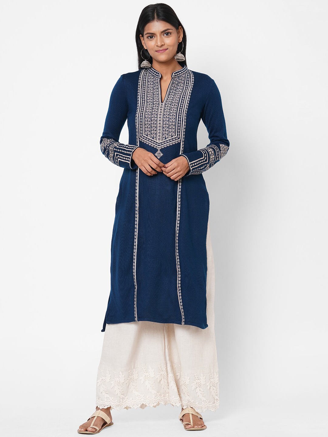 

FASHOR Women Navy Blue Yoke Design Thread Work Kurta
